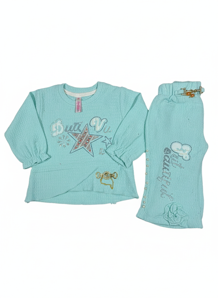 Textured Glam Set for Girls , "Belle Vie" Star Embellished Top & Legging Set, Sparkling Star Chic Two-Piece Outfit