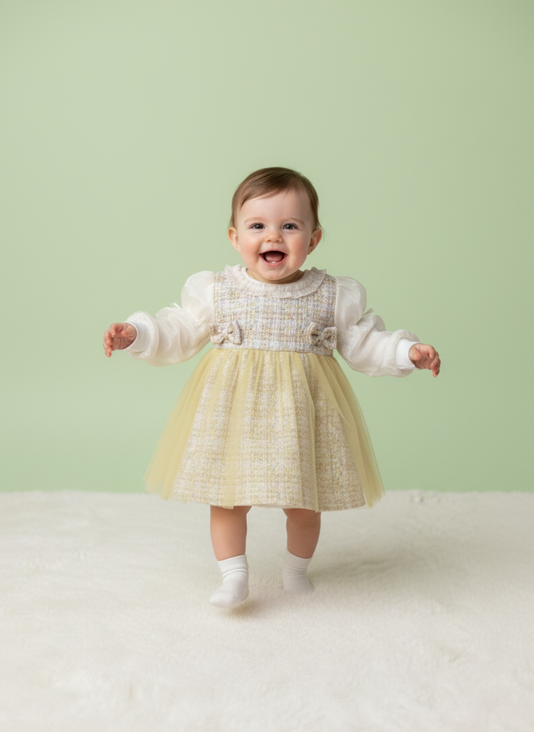 Chic Cream & Yellow Tweed-Style Dress