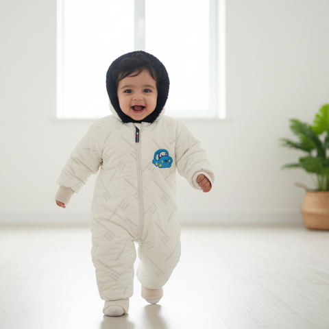 Warm Fur-Hooded Winter Romper Jacket for Baby Girls & Boys, Fur Hood Snowsuit, Cozy Winter Pramsuit , Baby Padded Jumpsuit , Long-Sleeve Thermal Jumpsuit Outerwear , Premium and imported quality