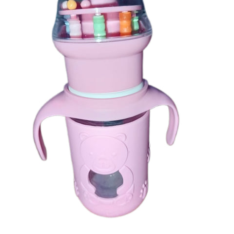 Premium Imported Glass Baby Feeding Bottle – 150ml (Pink, Bear Design, BPA-Free & Anti-Colic),Pink baby bottle with colorful toys