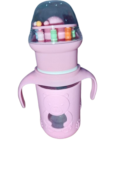 Premium Imported Glass Baby Feeding Bottle – 150ml (Pink, Bear Design, BPA-Free & Anti-Colic),Pink baby bottle with colorful toys