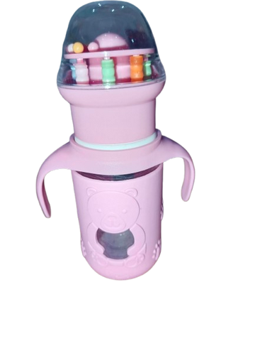 Premium Imported Glass Baby Feeding Bottle – 150ml (Pink, Bear Design, BPA-Free & Anti-Colic),Pink baby bottle with colorful toys