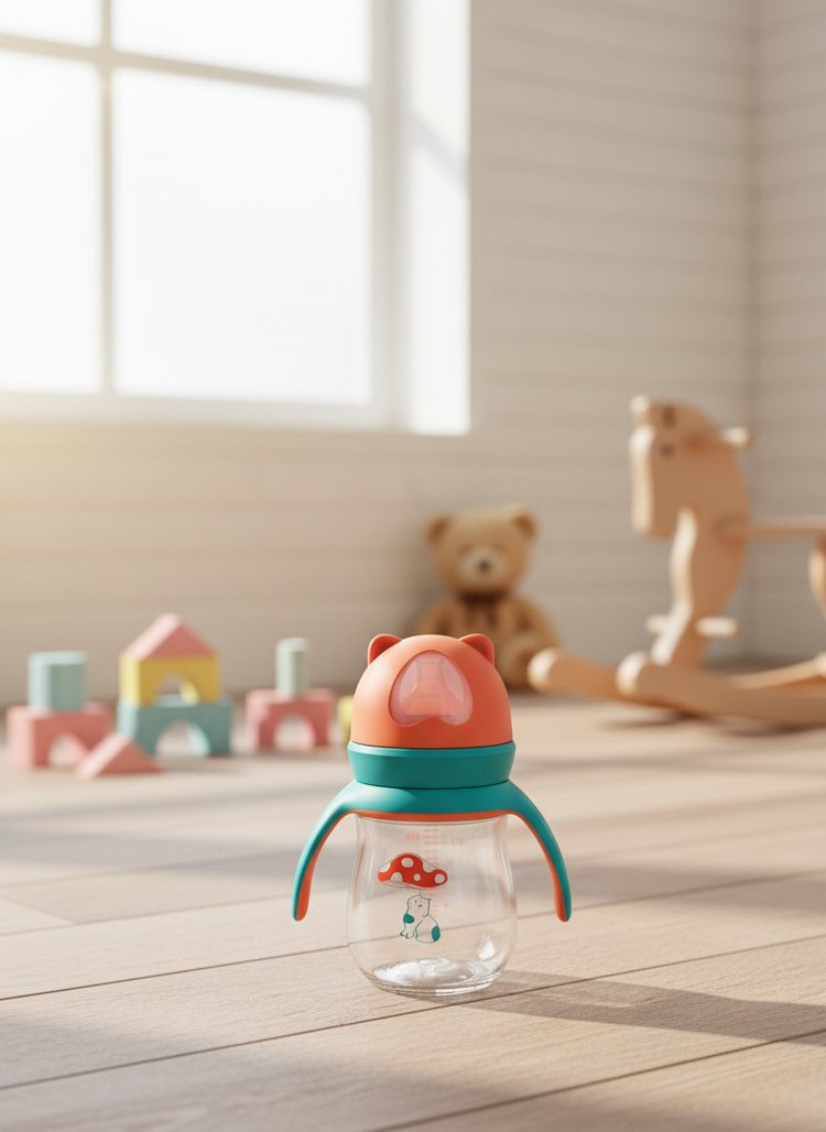 Premium Imported Baby Feeding Bottle – 180ml (Orange & Teal, Cat Design, BPA-Free & Anti-Colic)