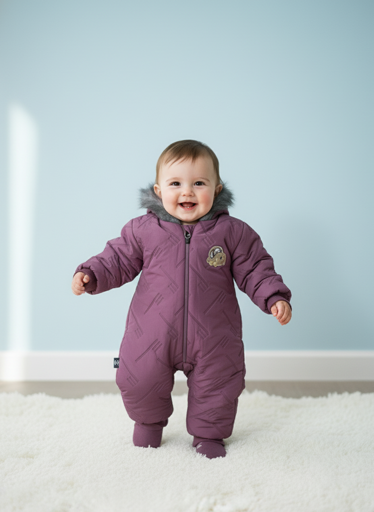 Warm Fur-Hooded Winter Romper Jacket for Baby Girls & Boys, Fur Hood Snowsuit, Cozy Winter Pramsuit , Baby Padded Jumpsuit , Long-Sleeve Thermal Jumpsuit Outerwear , Premium and imported quality