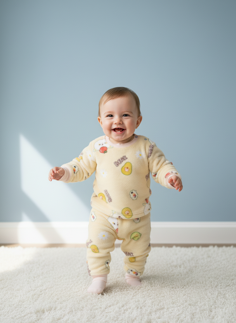 Plush Bear & Avocado Pajama Set Cozy Fleece Loungewear Set - Yellow Bear Print Soft Bear & Friends Sleepwear Set Pastel Yellow Fleece Pajama Set for Babies