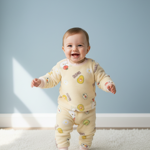 Plush Bear & Avocado Pajama Set Cozy Fleece Loungewear Set - Yellow Bear Print Soft Bear & Friends Sleepwear Set Pastel Yellow Fleece Pajama Set for Babies