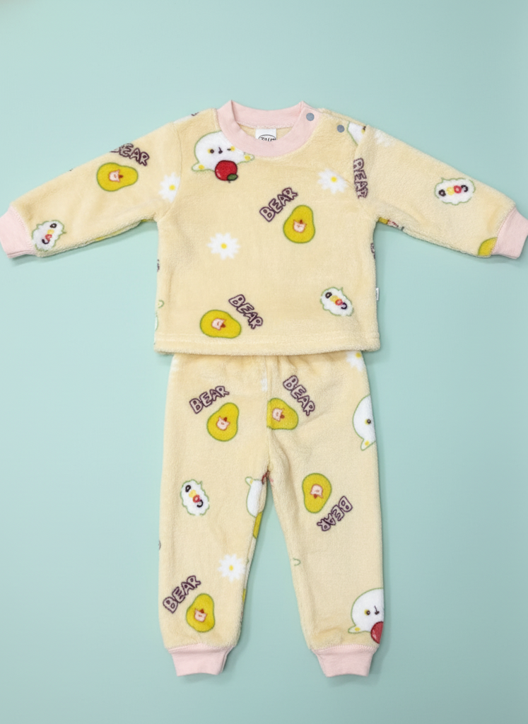 Plush Bear & Avocado Pajama Set Cozy Fleece Loungewear Set - Yellow Bear Print Soft Bear & Friends Sleepwear Set Pastel Yellow Fleece Pajama Set for Babies