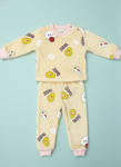 Plush Bear & Avocado Pajama Set Cozy Fleece Loungewear Set - Yellow Bear Print Soft Bear & Friends Sleepwear Set Pastel Yellow Fleece Pajama Set for Babies