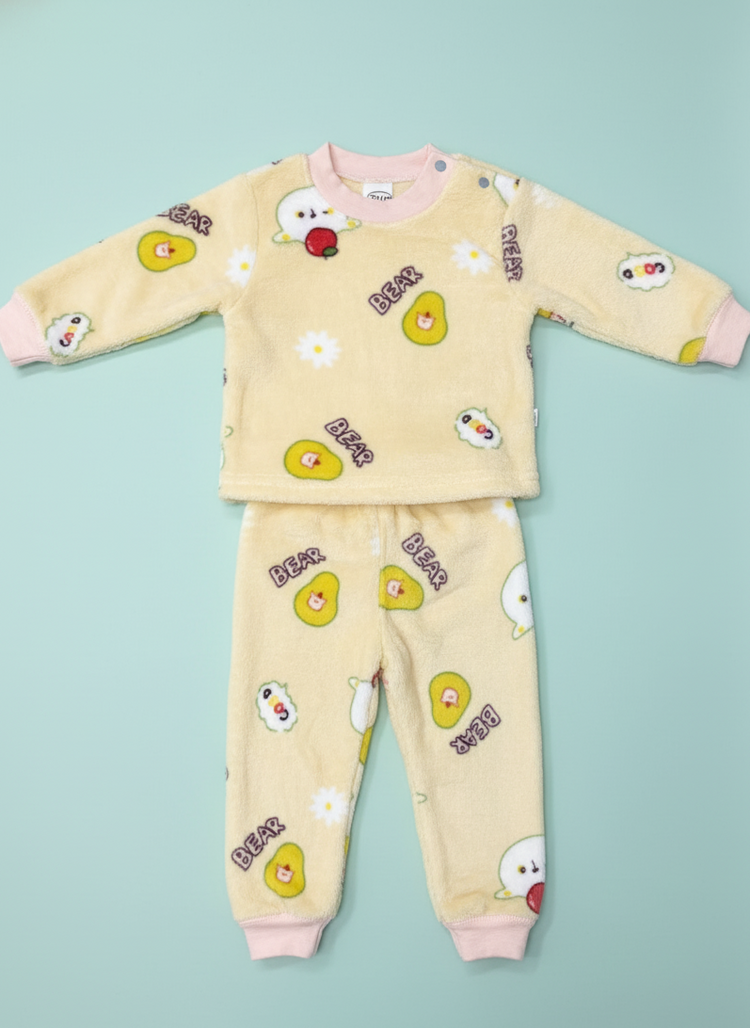 Plush Bear & Avocado Pajama Set Cozy Fleece Loungewear Set - Yellow Bear Print Soft Bear & Friends Sleepwear Set Pastel Yellow Fleece Pajama Set for Babies