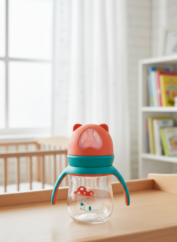 Premium Imported Baby Feeding Bottle – 180ml (Orange & Teal, Cat Design, BPA-Free & Anti-Colic)