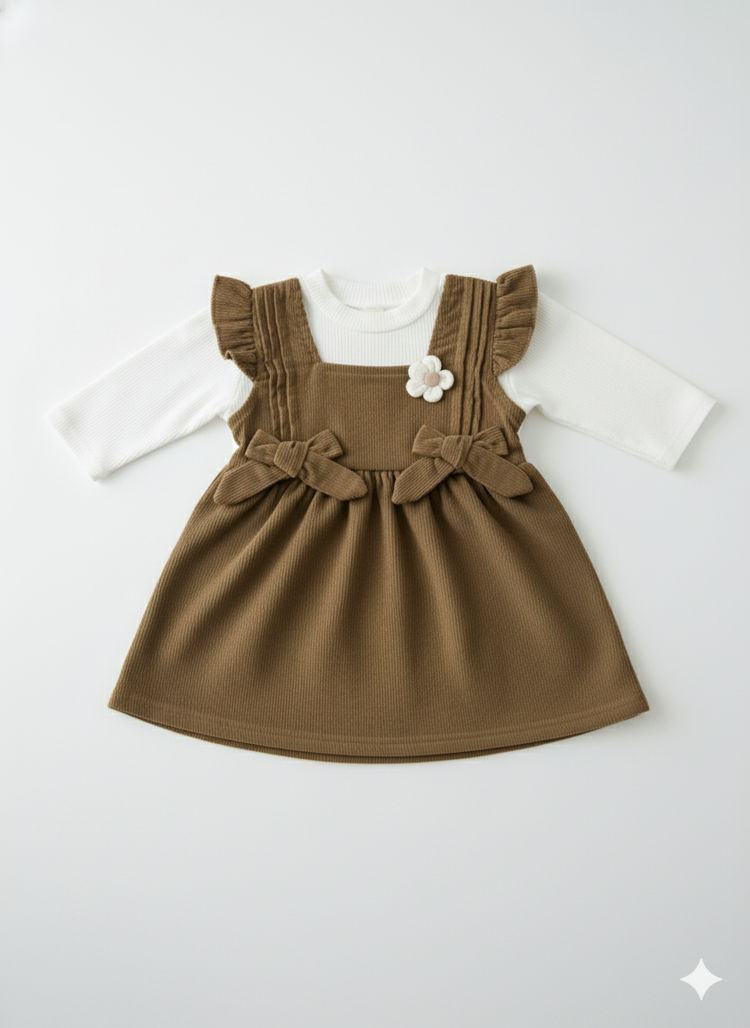 Adorable Brown & White Pinafore Dress Set