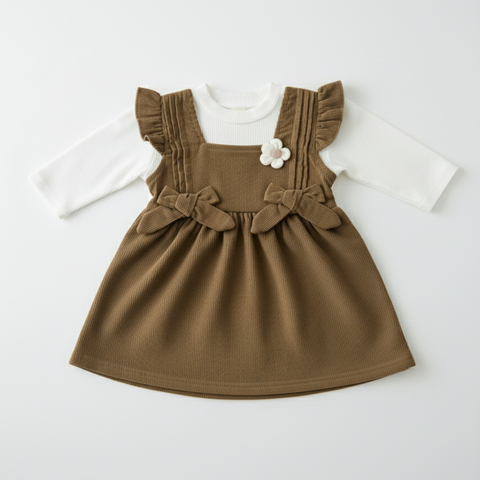 Adorable Brown & White Pinafore Dress Set