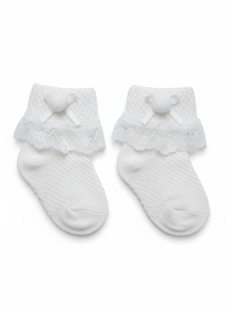 White Lace Frill Socks, Baby Girl Pom-Pom Socks, Classic Ribbon Ankle Socks, Premium and imported quality