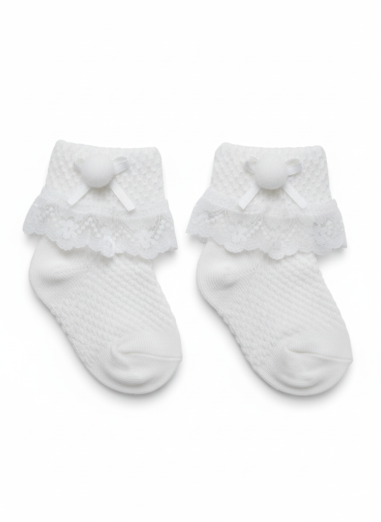 White Lace Frill Socks, Baby Girl Pom-Pom Socks, Classic Ribbon Ankle Socks, Premium and imported quality