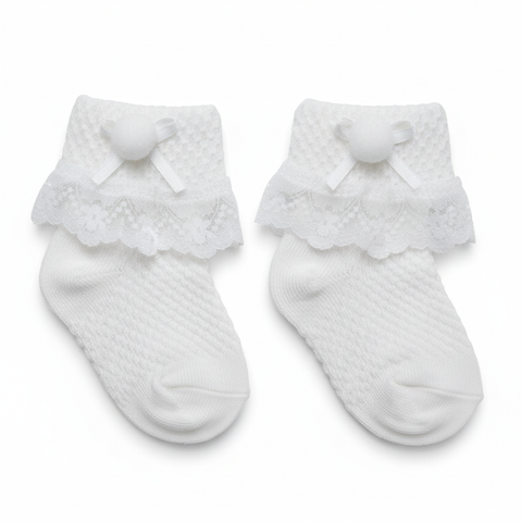 White Lace Frill Socks, Baby Girl Pom-Pom Socks, Classic Ribbon Ankle Socks, Premium and imported quality