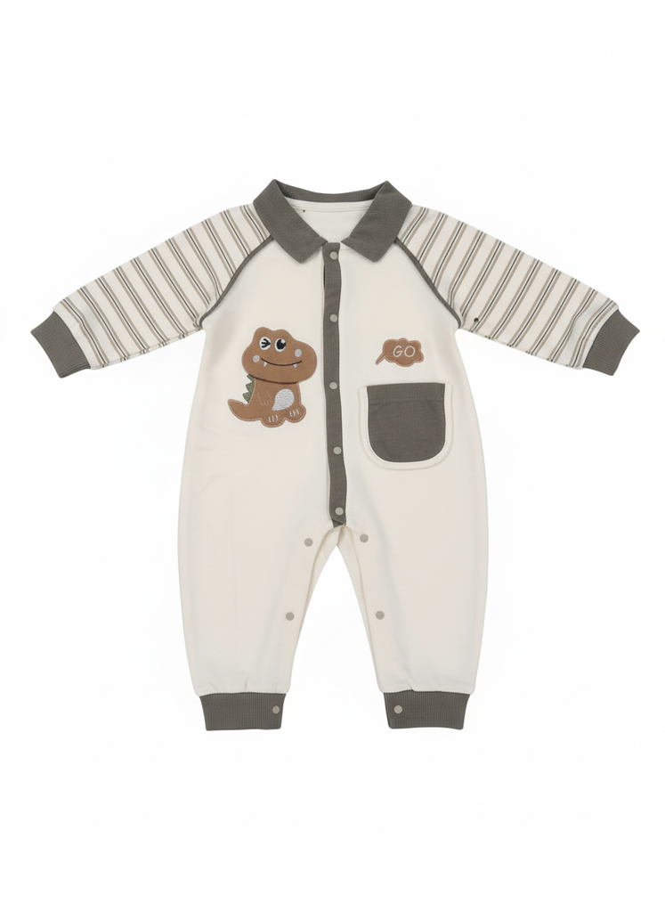 The Dino-Go Snaps Romper, Dark green off white Trim Stripe Romper