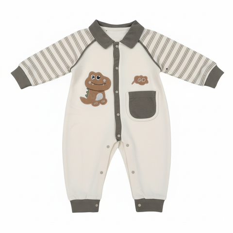 The Dino-Go Snaps Romper, Dark green off white Trim Stripe Romper