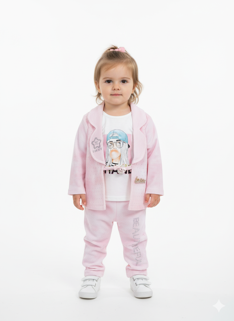 Pink Glam 3PC Set, Baby Girl Blazer Outfit, The Wide-Leg Three-Piece