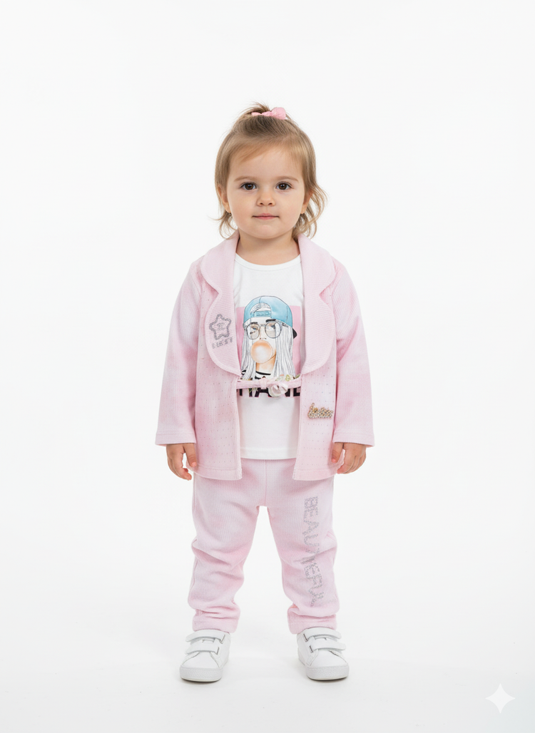 Pink Glam 3PC Set, Baby Girl Blazer Outfit, The Wide-Leg Three-Piece