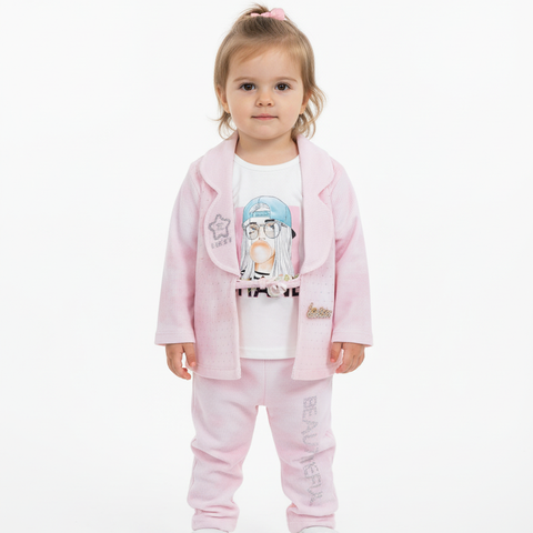 Pink Glam 3PC Set, Baby Girl Blazer Outfit, The Wide-Leg Three-Piece