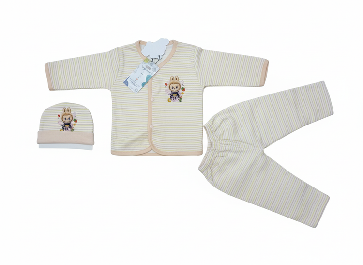 Newborn 3-Piece Striped Kimono Shirt, Pants, and Hat Set (Clear, includes piece count, style, and items)