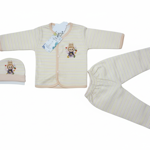 Newborn 3-Piece Striped Kimono Shirt, Pants, and Hat Set (Clear, includes piece count, style, and items)
