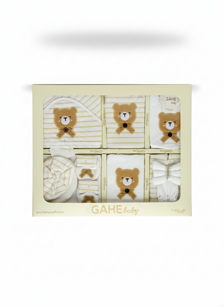 Newborn 12 Piece Teddy Bear Print Striped Gift Set , Unisex Infant Cotton Layette Set in Gift Box,New Baby Shower Gift Set with Bear Appliqué
