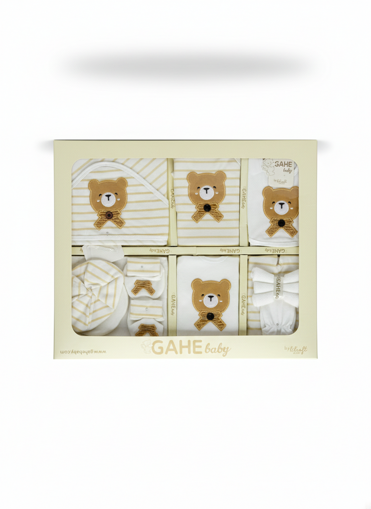 Newborn 12 Piece Teddy Bear Print Striped Gift Set , Unisex Infant Cotton Layette Set in Gift Box,New Baby Shower Gift Set with Bear Appliqué