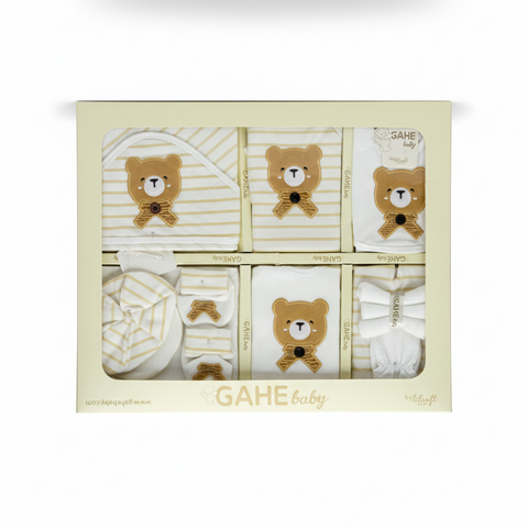 Newborn 12 Piece Teddy Bear Print Striped Gift Set , Unisex Infant Cotton Layette Set in Gift Box,New Baby Shower Gift Set with Bear Appliqué