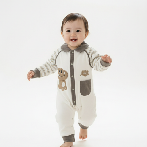 The Dino-Go Snaps Romper, Dark green off white Trim Stripe Romper