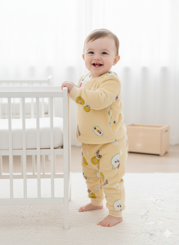 Plush Bear & Avocado Pajama Set Cozy Fleece Loungewear Set - Yellow Bear Print Soft Bear & Friends Sleepwear Set Pastel Yellow Fleece Pajama Set for Babies