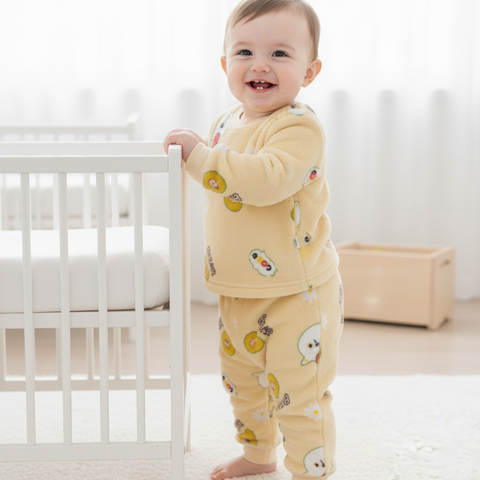 Plush Bear & Avocado Pajama Set Cozy Fleece Loungewear Set - Yellow Bear Print Soft Bear & Friends Sleepwear Set Pastel Yellow Fleece Pajama Set for Babies