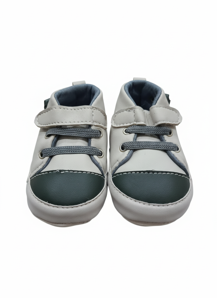 Infant Soft Sole Two-Tone Sneaker Booties (Clear, direct, and includes key features), White and Dark Green Contrast Toe Crib Shoes