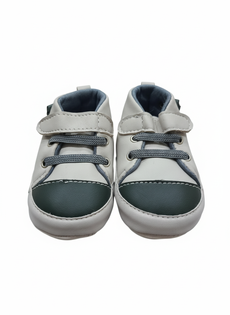 Infant Soft Sole Two-Tone Sneaker Booties (Clear, direct, and includes key features), White and Dark Green Contrast Toe Crib Shoes