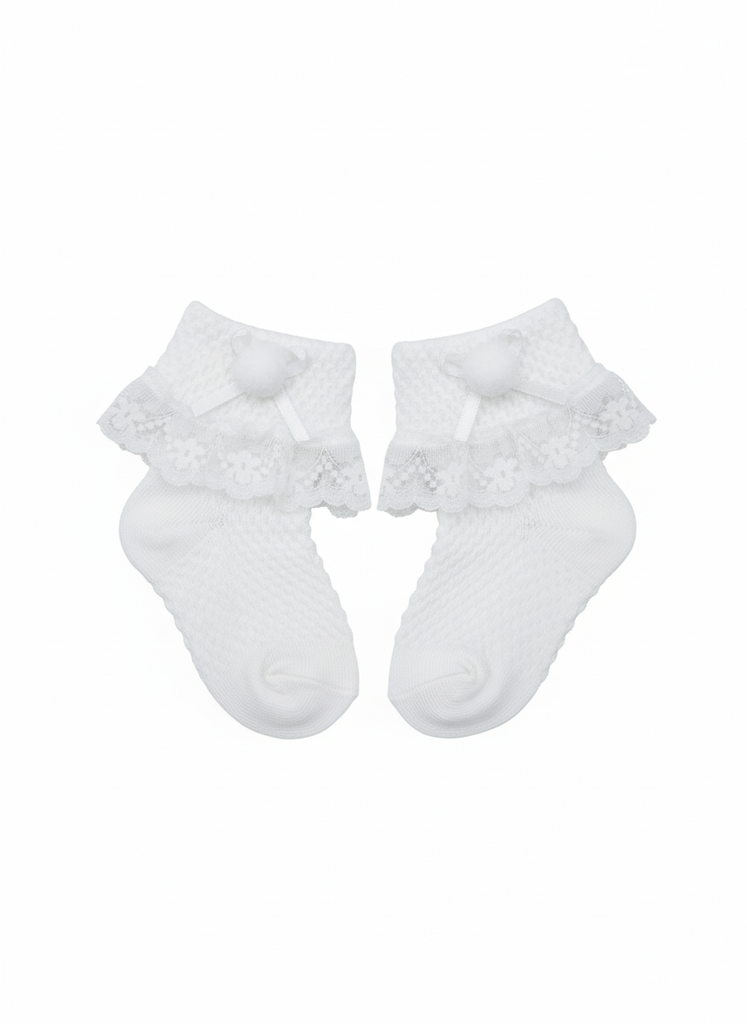 White Lace Frill Socks, Baby Girl Pom-Pom Socks, Classic Ribbon Ankle Socks, Premium and imported quality