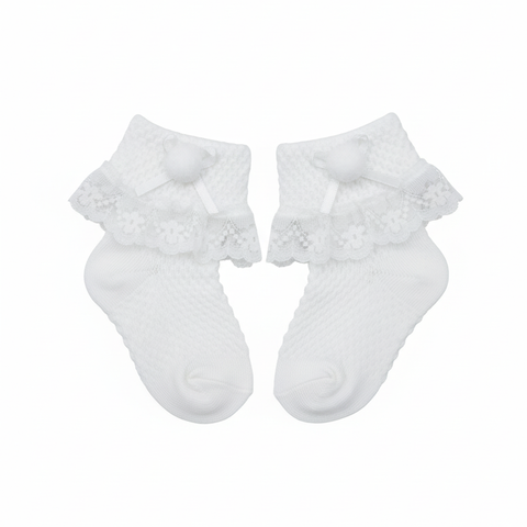 White Lace Frill Socks, Baby Girl Pom-Pom Socks, Classic Ribbon Ankle Socks, Premium and imported quality