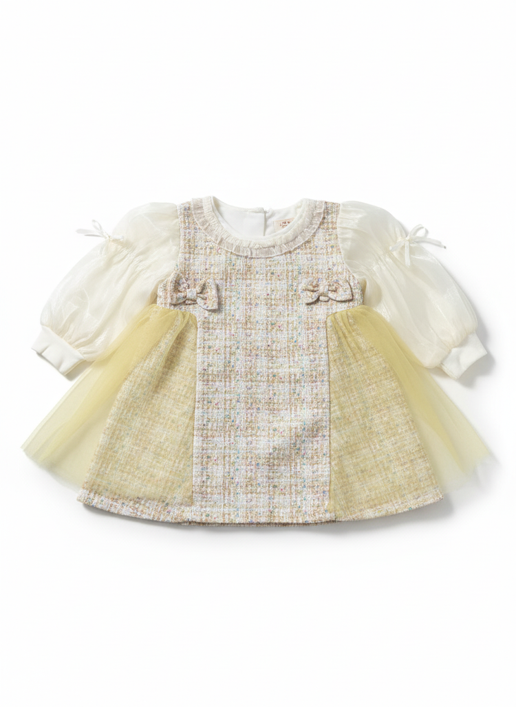 Chic Cream & Yellow Tweed-Style Dress