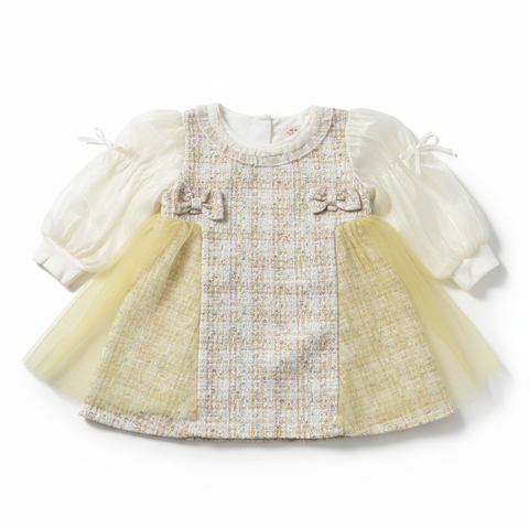 Chic Cream & Yellow Tweed-Style Dress