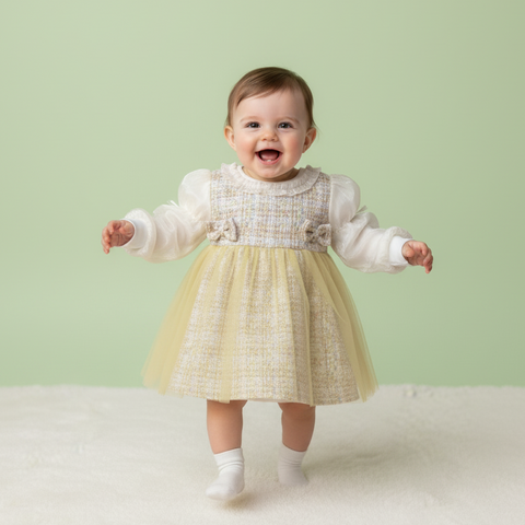 Chic Cream & Yellow Tweed-Style Dress