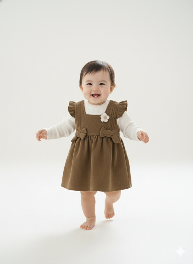 Adorable Brown & White Pinafore Dress Set