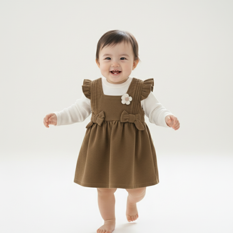 Adorable Brown & White Pinafore Dress Set