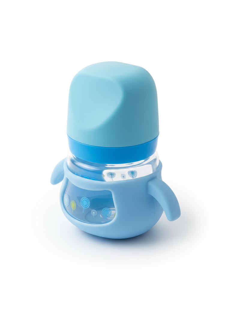 Premium Imported Glass Baby Feeding Bottle 120ml – Blue (Anti-Colic, Easy Grip, BPA-Free)