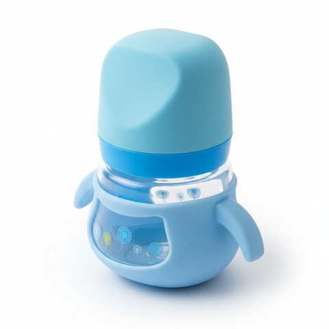 Premium Imported Glass Baby Feeding Bottle 120ml – Blue (Anti-Colic, Easy Grip, BPA-Free)