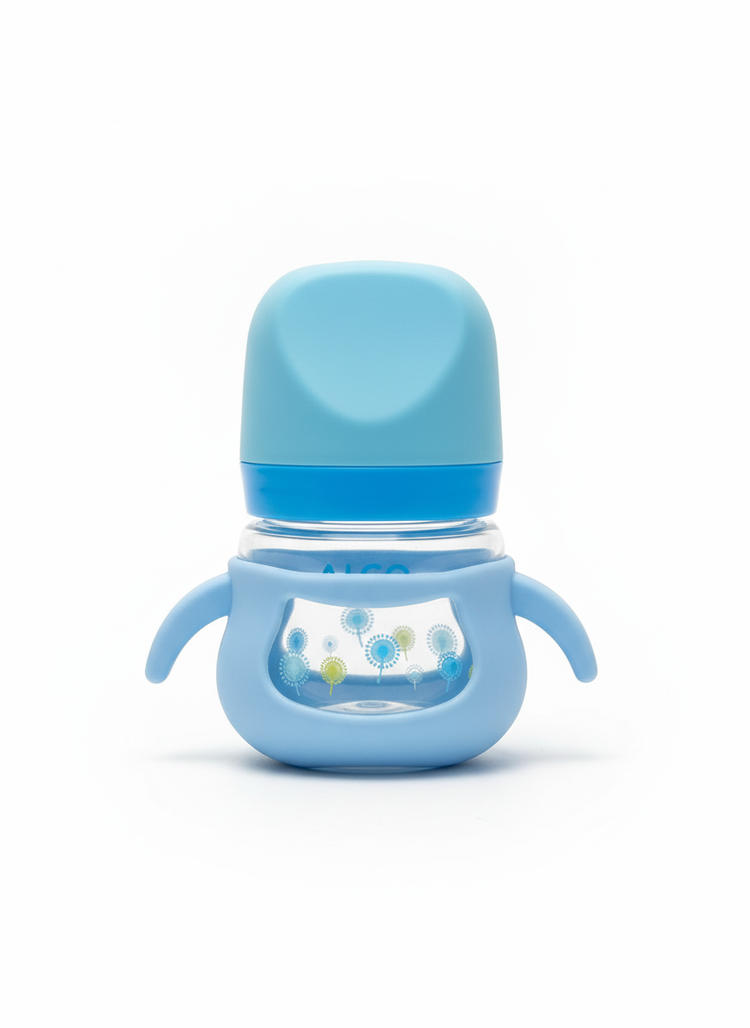 Premium Imported Glass Baby Feeding Bottle 120ml – Blue (Anti-Colic, Easy Grip, BPA-Free)