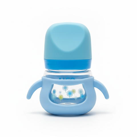 Premium Imported Glass Baby Feeding Bottle 120ml – Blue (Anti-Colic, Easy Grip, BPA-Free)