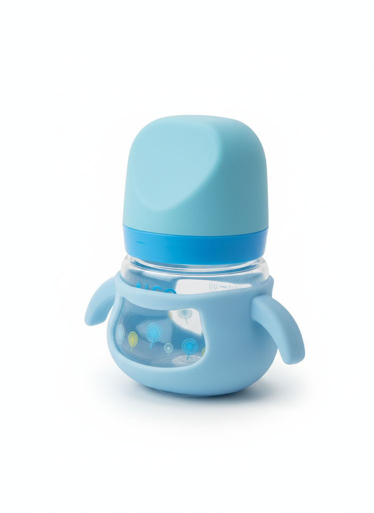 Premium Imported Glass Baby Feeding Bottle 120ml – Blue (Anti-Colic, Easy Grip, BPA-Free)