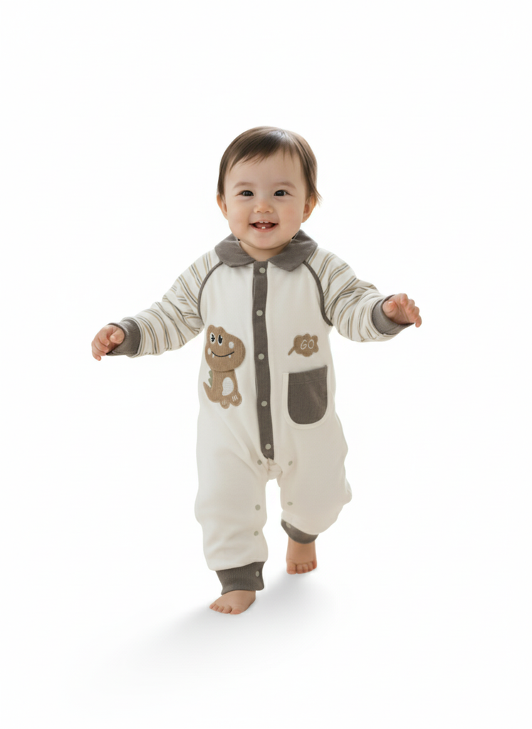 The Dino-Go Snaps Romper, Dark green off white Trim Stripe Romper