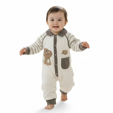 The Dino-Go Snaps Romper, Dark green off white Trim Stripe Romper