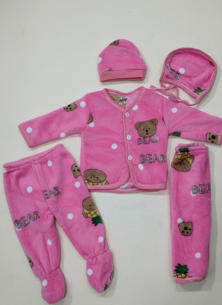 Newborn 5-Piece Plush Bear Print Footed Pants, Shirt, Hat & Bib Set