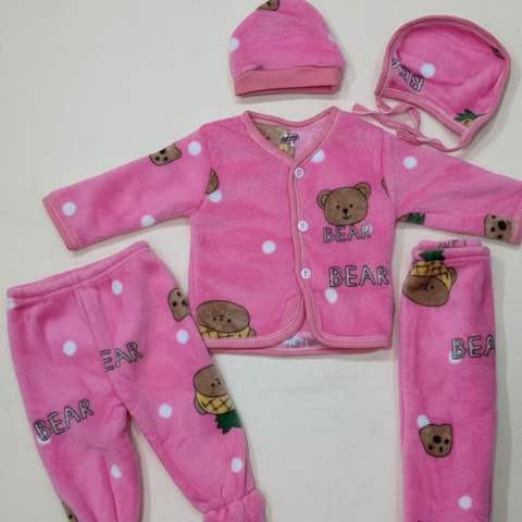 Newborn 5-Piece Plush Bear Print Footed Pants, Shirt, Hat & Bib Set